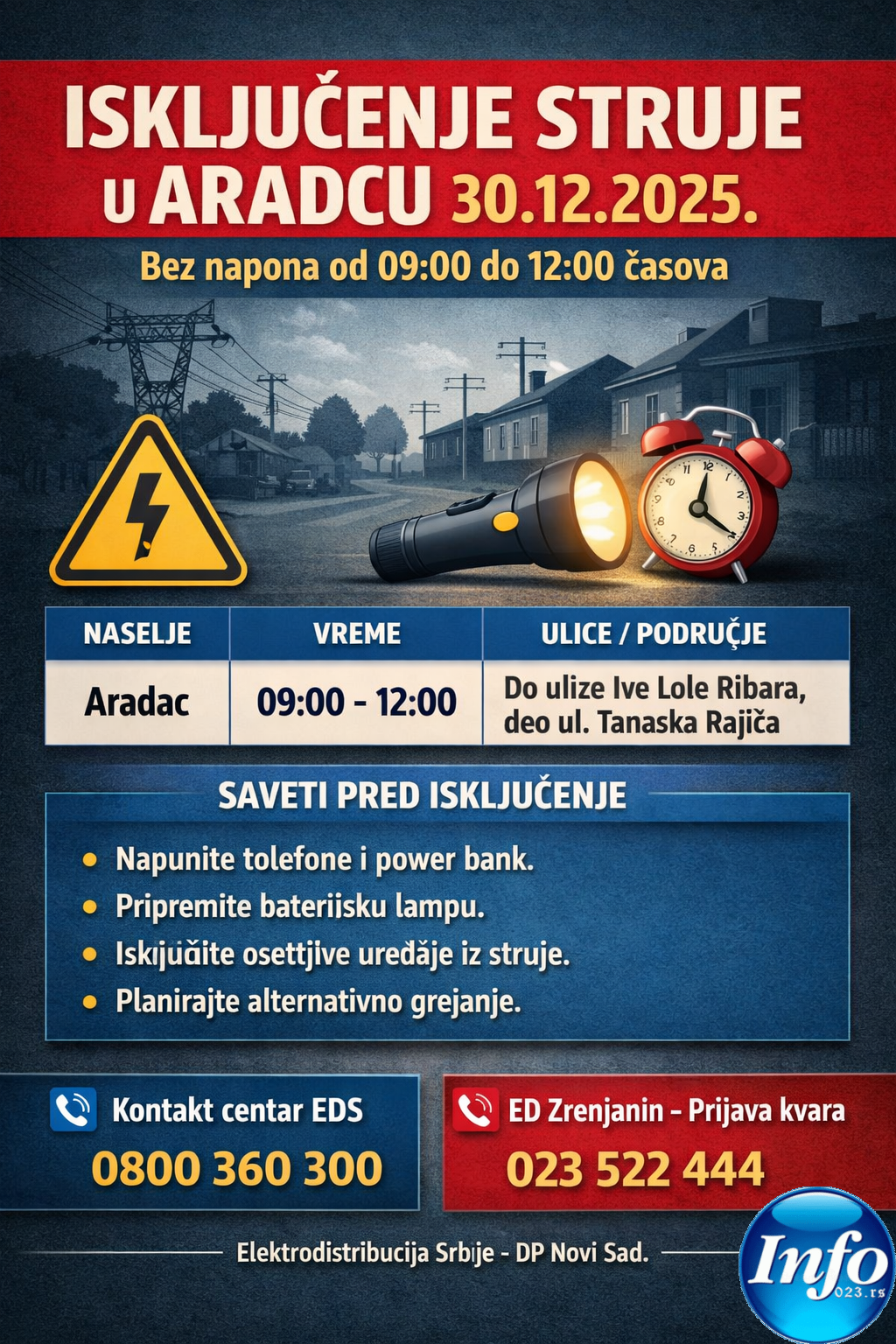 Isključenje struje u Aradcu 30.12.2025 – bez napona od 09:00 do 12:00 (do ulice Ive Lole Ribara i deo ulice Tanaska Rajića)