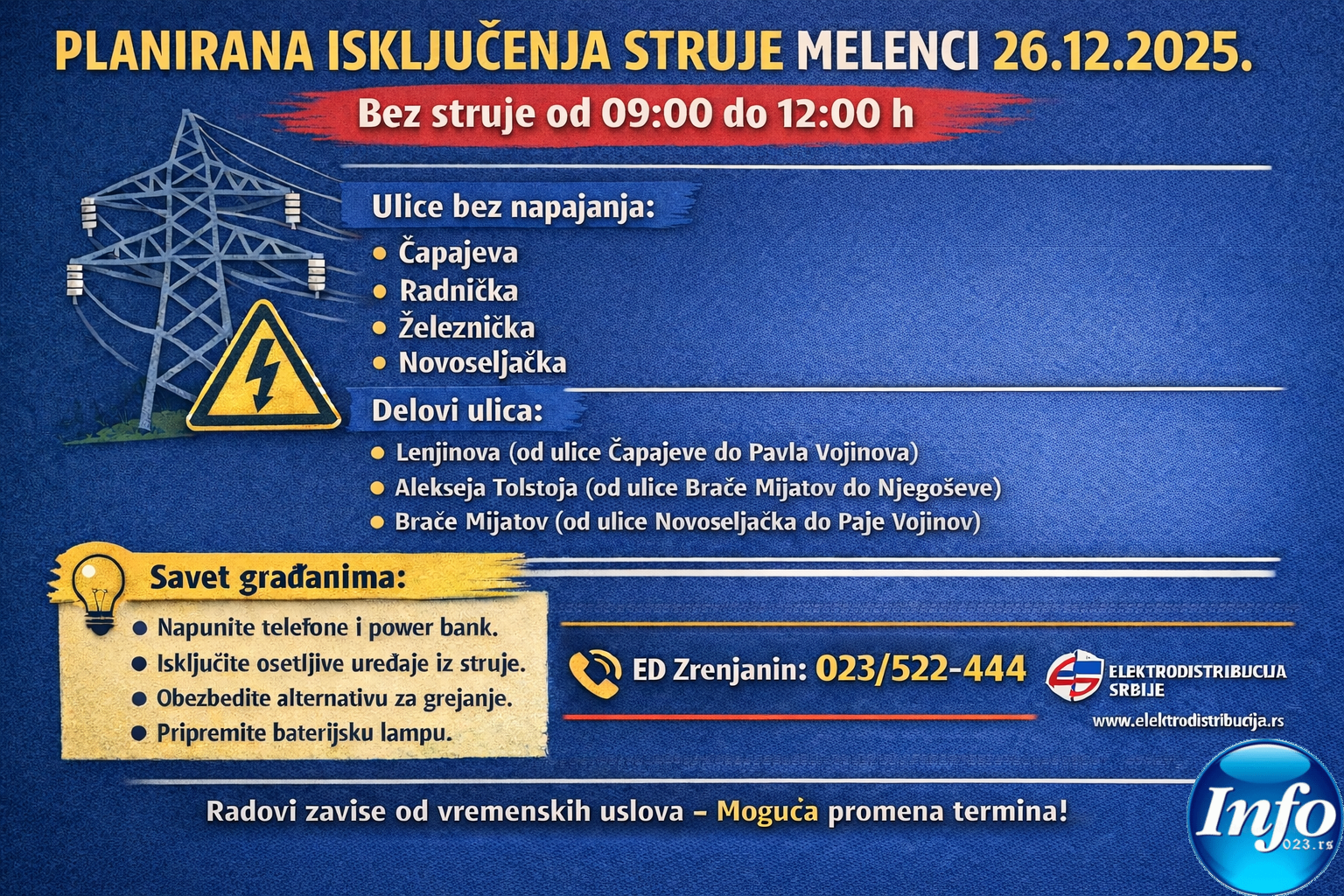 Planirana isključenja struje u Melencima 26.12.2025 (09:00–12:00) – spisak ulica i delova ulica