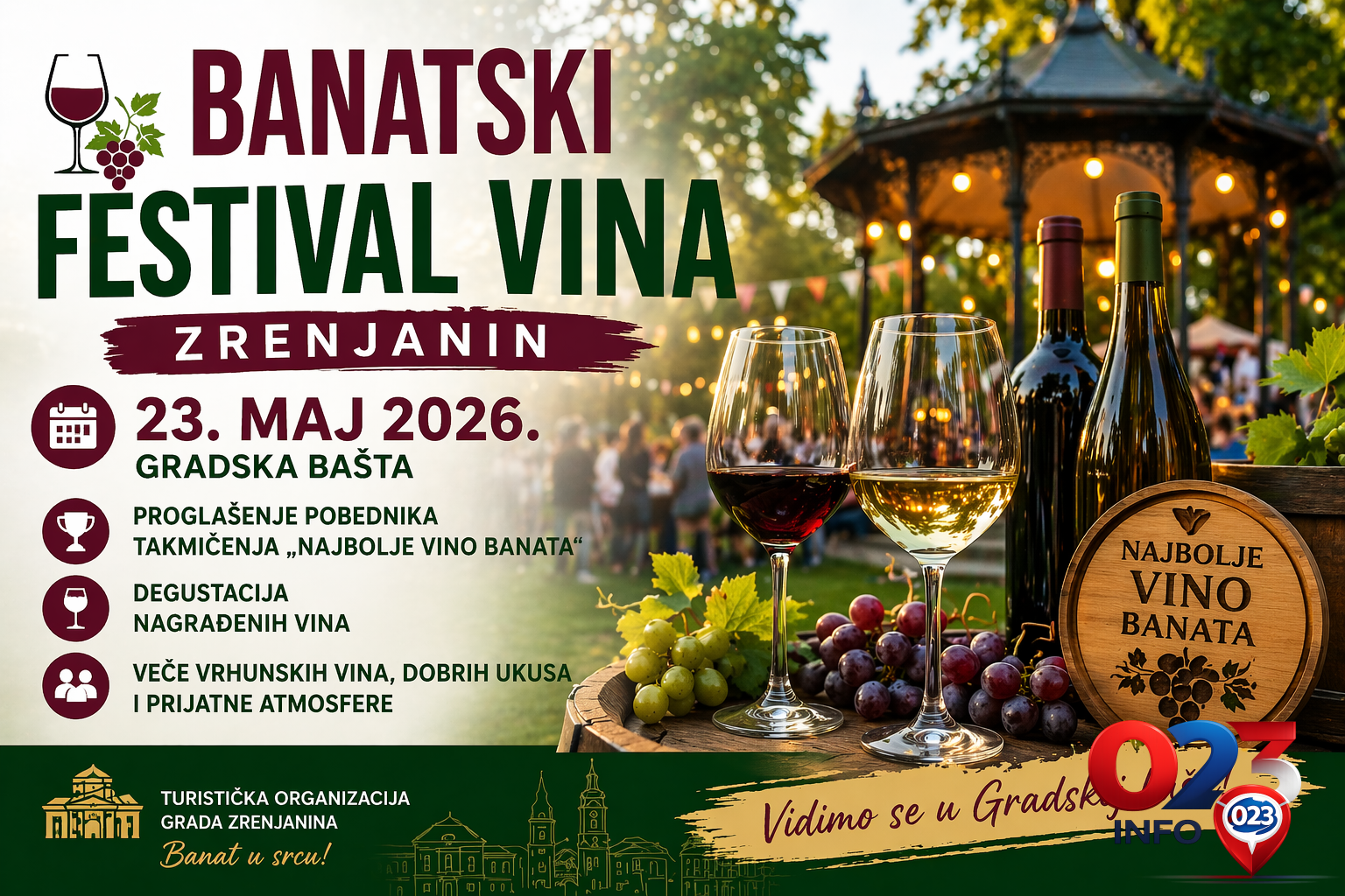 Banatski festival vina u Zrenjaninu 23. maja u Gradskoj bašti