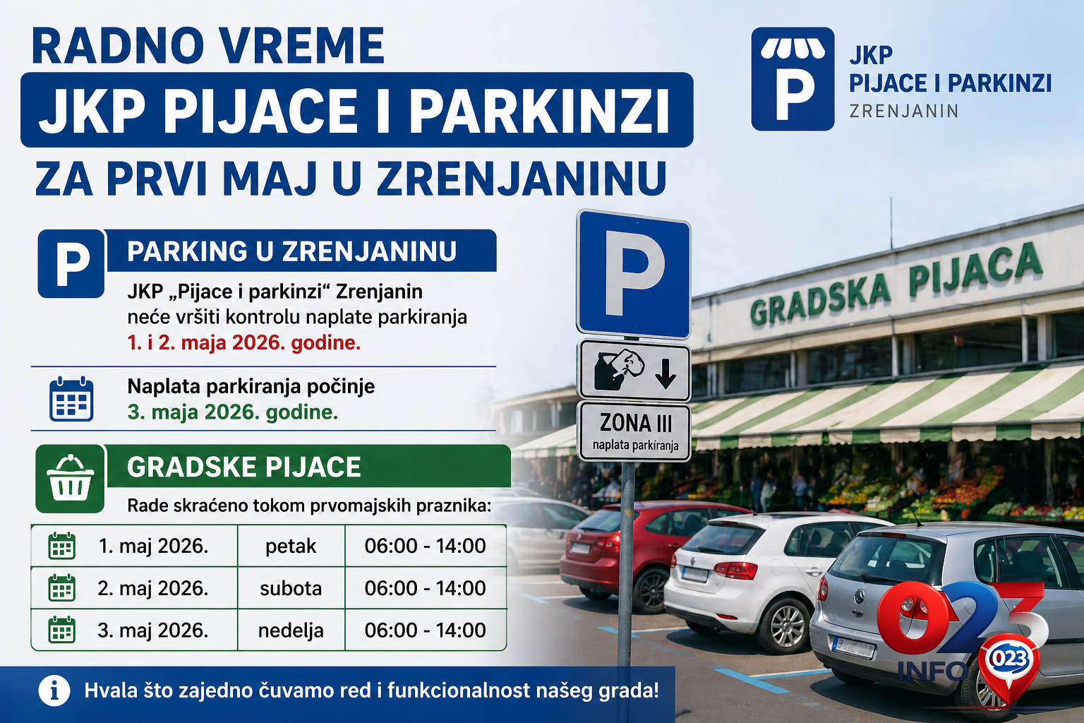 Radno vreme JKP Pijace i parkinzi za Prvi maj u Zrenjaninu