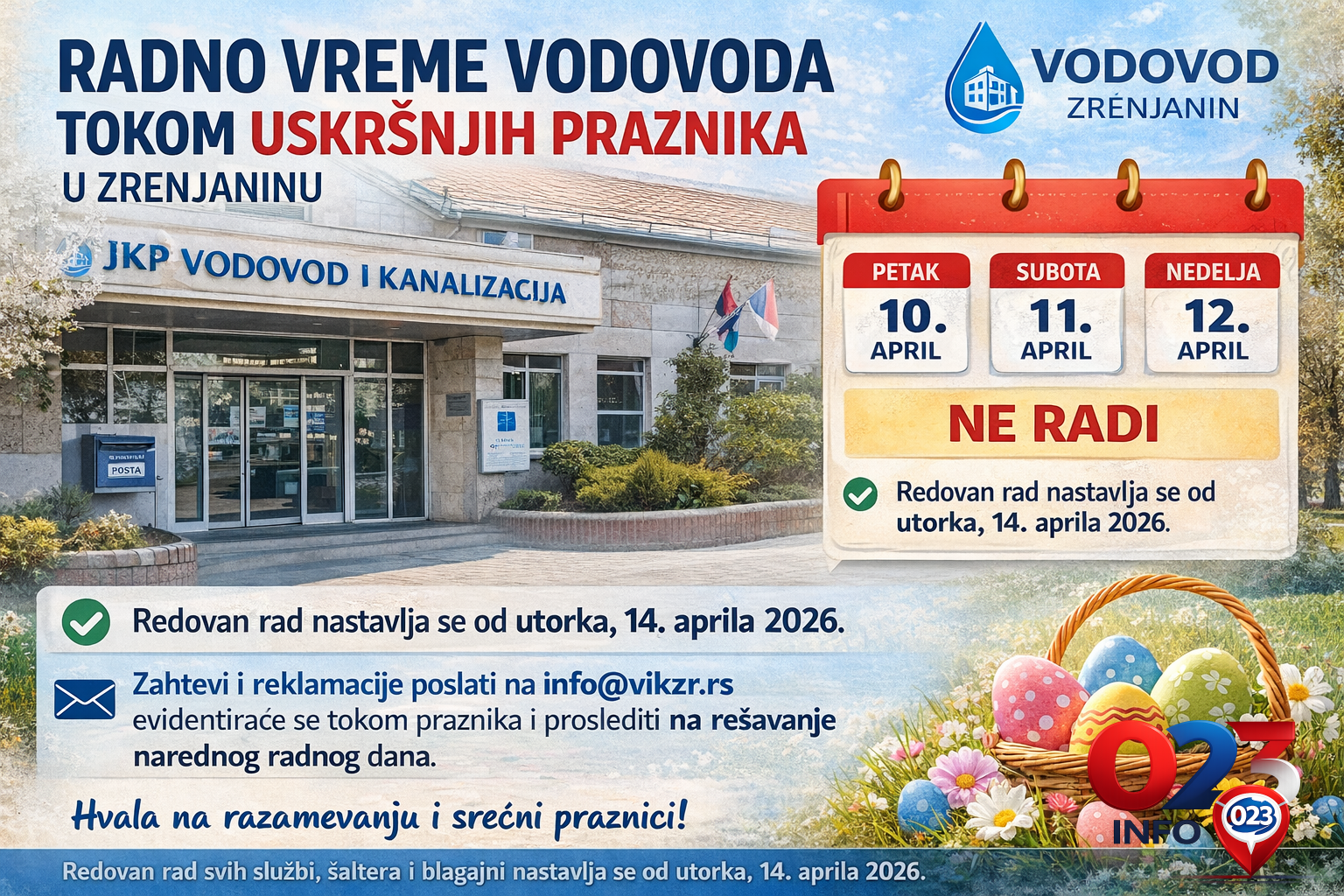 Radno vreme Vodovoda tokom uskršnjih praznika u Zrenjaninu od 10. do 14. aprila 2026