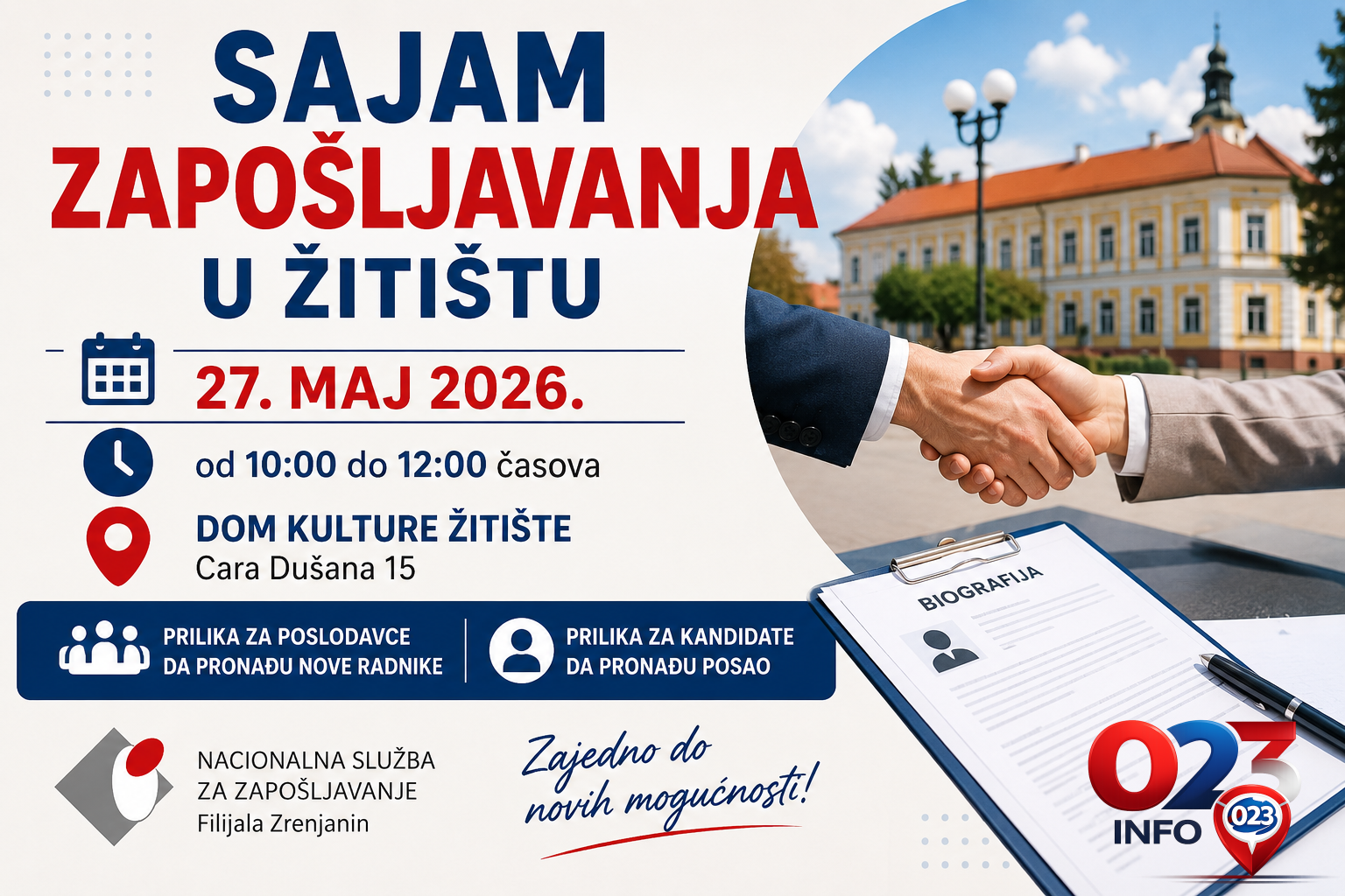 Sajam zapošljavanja u Žitištu 27. maja 2026. godine u Domu kulture