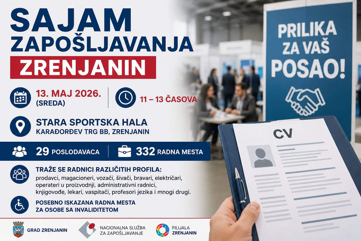 Sajam zapošljavanja Zrenjanin 13. maja 2026. u Staroj sportskoj hali