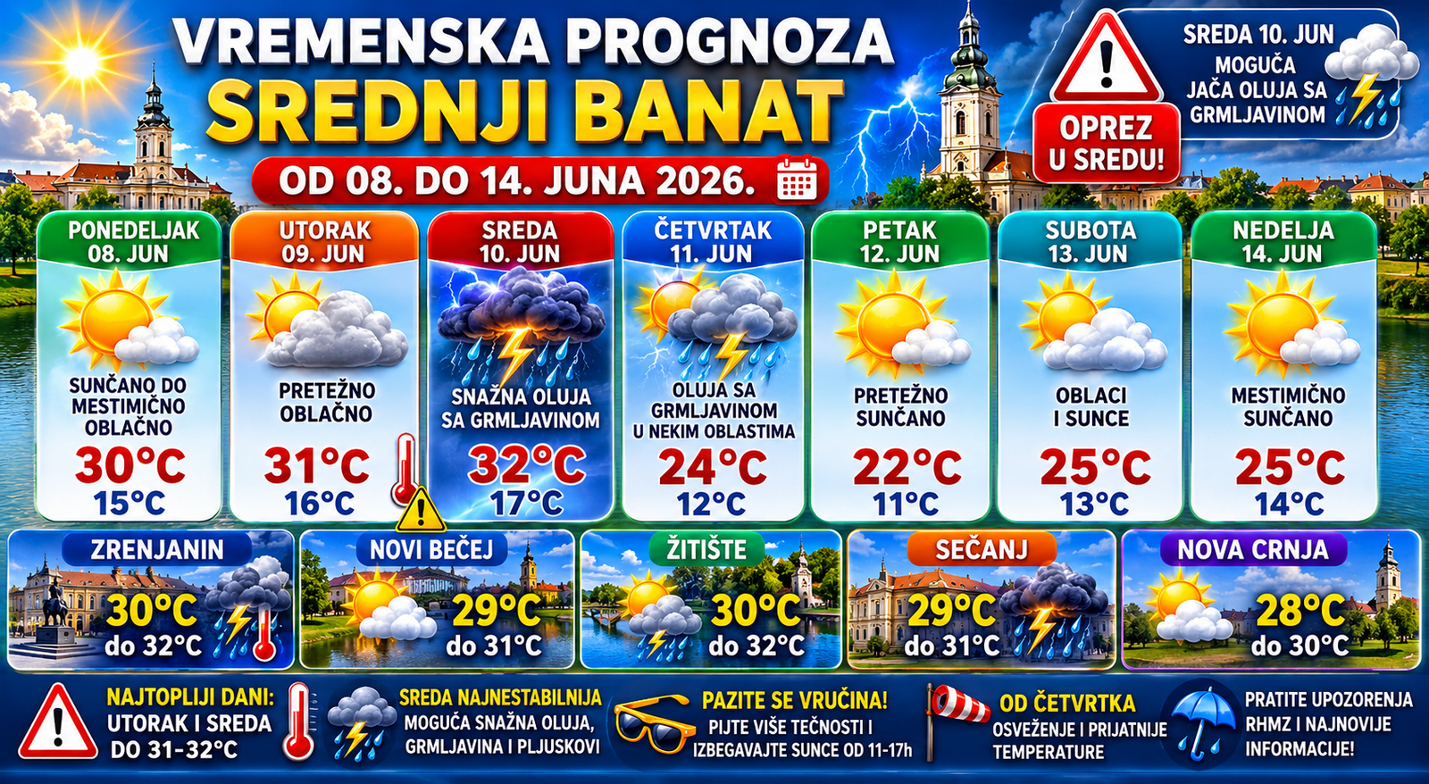 Vremenska prognoza Srednji Banat za Zrenjanin i opštine od 8. do 14. juna 2026.